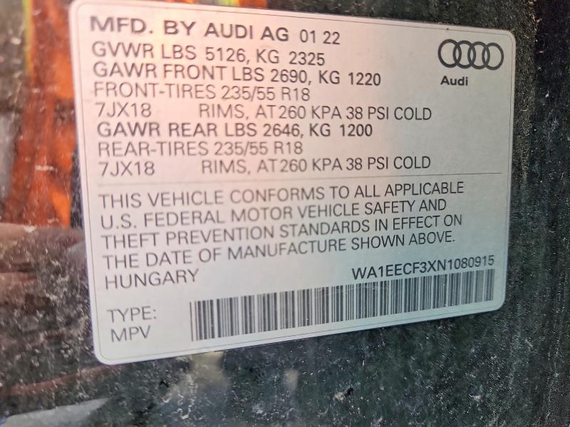 Продаж на аукціоні авто 2022 Audi Q3, vin: WA1EECF3XN1080915, номер лоту: 66067076