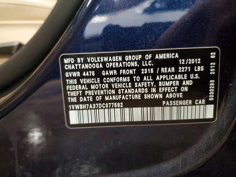 66717256 :رقم المزاد ، 1VWBH7A37DC077582 vin ، 2013 Volkswagen Passat مزاد بيع