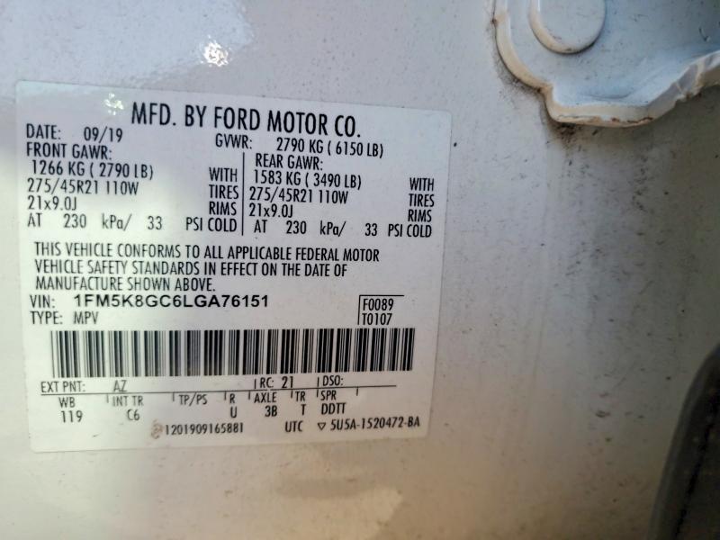 63651506 :رقم المزاد ، 1FM5K8GC6LGA76151 vin ، 2020 Ford Explorer مزاد بيع
