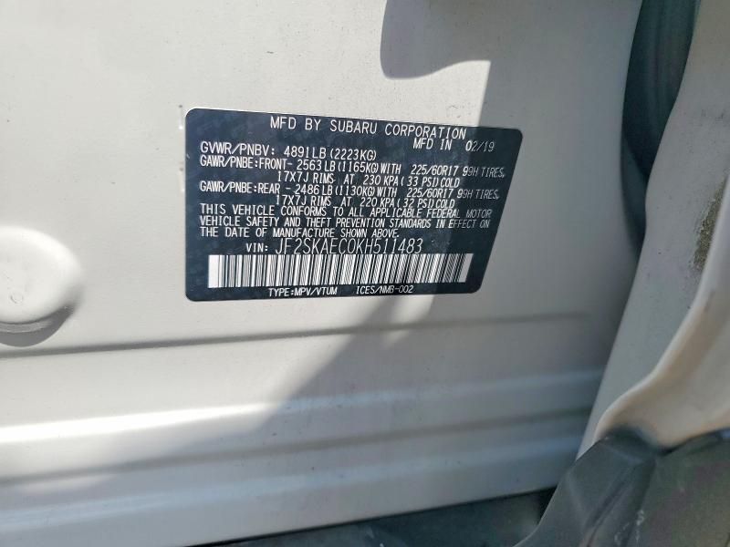 2019 Subaru Forester მანქანა იყიდება აუქციონზე, vin: JF2SKAEC0KH511483, აუქციონის ნომერი: 63344326