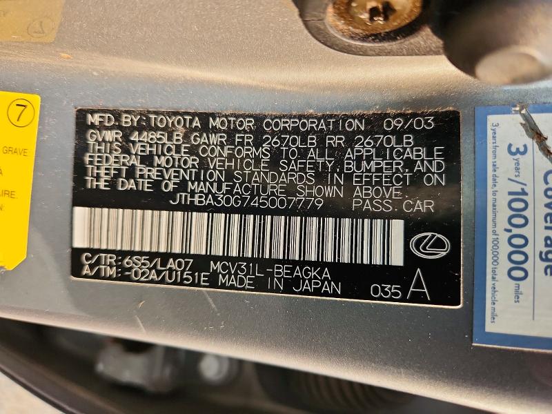2004 Lexus Es მანქანა იყიდება აუქციონზე, vin: JTHBA30G745007779, აუქციონის ნომერი: 64631076