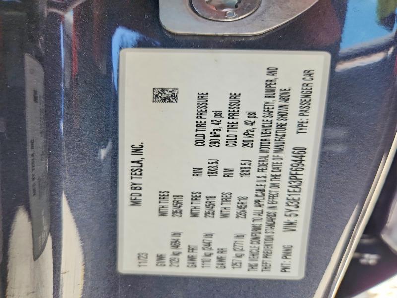 65305346 :رقم المزاد ، 5YJ3E1EA3PF694460 vin ، 2023 Tesla Model 3 مزاد بيع