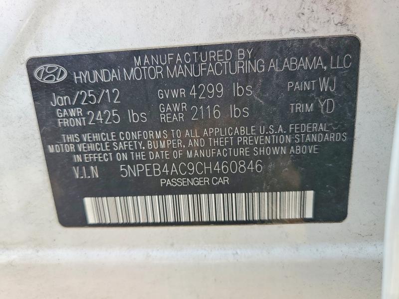 2012 Hyundai Sonata მანქანა იყიდება აუქციონზე, vin: 5NPEB4AC9CH460846, აუქციონის ნომერი: 64774126