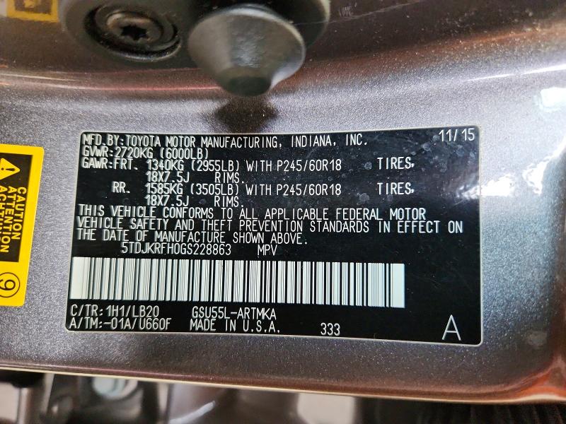 Продаж на аукціоні авто 2016 Toyota Highlander, vin: 5TDJKRFH0GS228863, номер лоту: 65257806