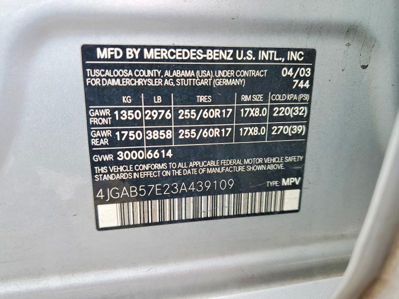 65236346 :رقم المزاد ، 4JGAB57E23A439109 vin ، 2003 Mercedes-benz Ml مزاد بيع