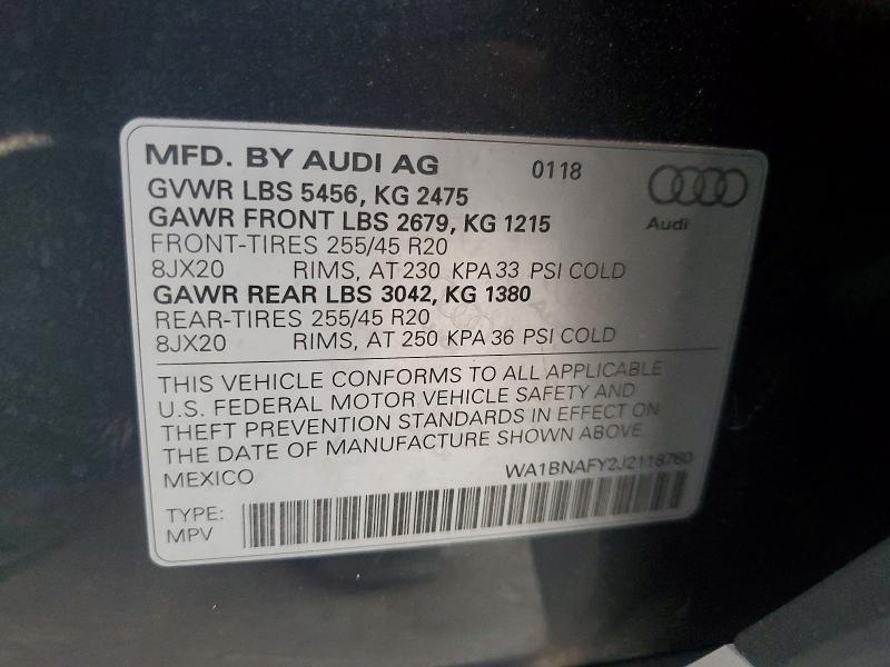 63718896 :رقم المزاد ، WA1BNAFY2J2118760 vin ، 2018 Audi Q5 مزاد بيع