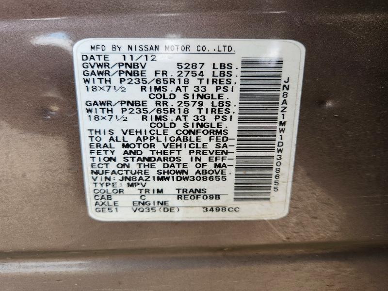 2013 Nissan Murano მანქანა იყიდება აუქციონზე, vin: JN8AZ1MW1DW308655, აუქციონის ნომერი: 64994886