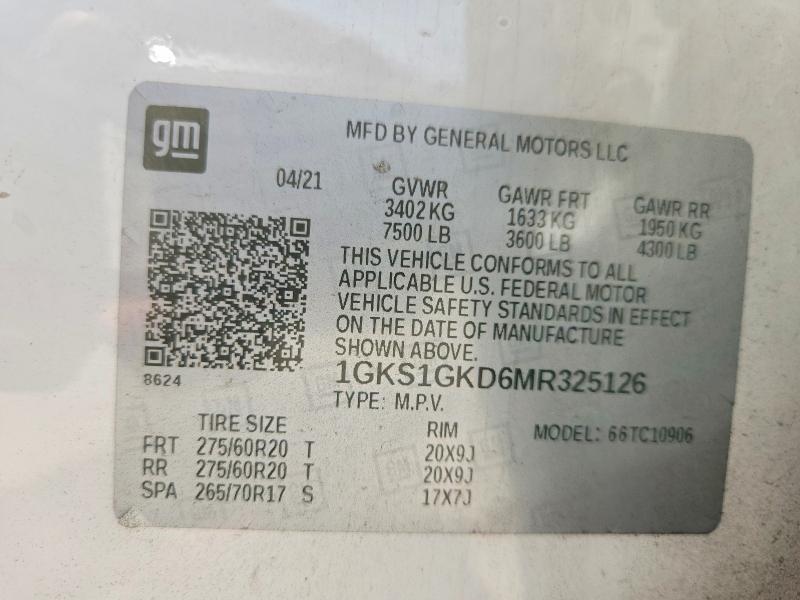 2021 Gmc Yukon Xl მანქანა იყიდება აუქციონზე, vin: 1GKS1GKD6MR325126, აუქციონის ნომერი: 63184956