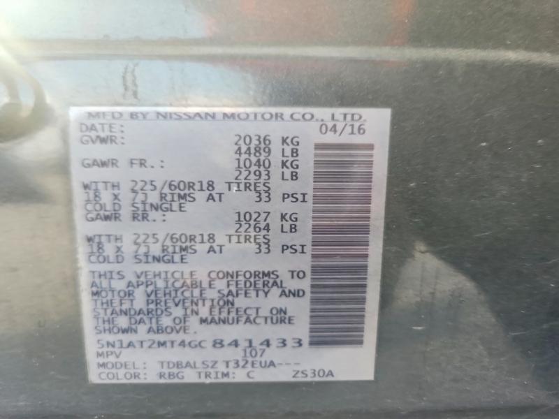 64261136 :رقم المزاد ، 5N1AT2MT4GC841433 vin ، 2016 Nissan Rogue مزاد بيع