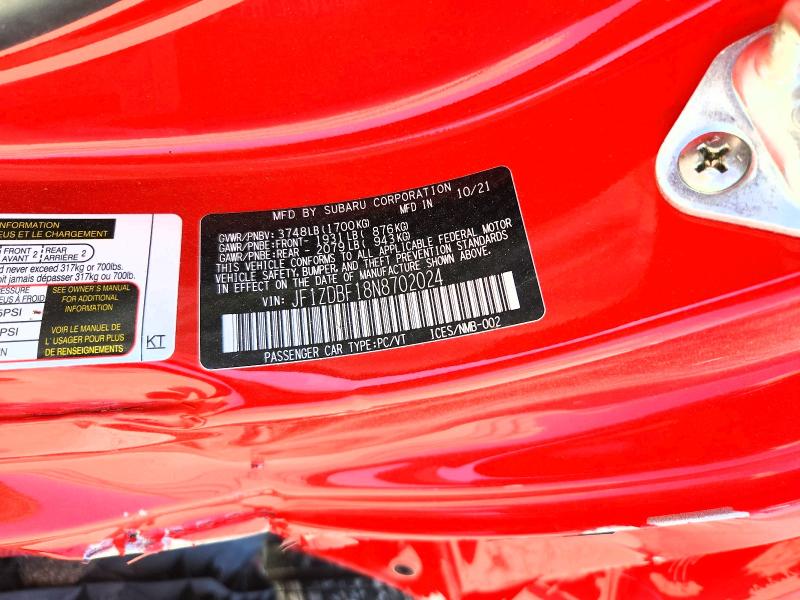 2022 Subaru Brz მანქანა იყიდება აუქციონზე, vin: JF1ZDBF18N8702024, აუქციონის ნომერი: 64601156