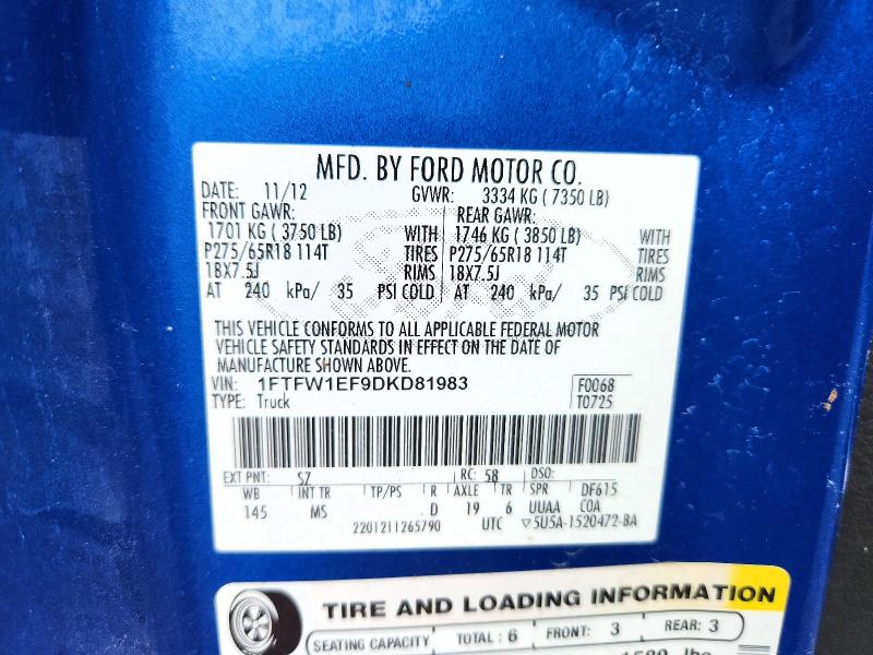 63952076 :رقم المزاد ، 1FTFW1EF9DKD81983 vin ، 2013 Ford F150 مزاد بيع