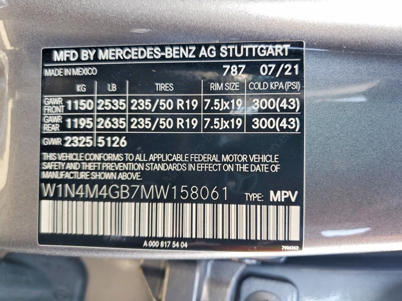 64031016 :رقم المزاد ، W1N4M4GB7MW158061 vin ، 2021 Mercedes-benz Glb مزاد بيع