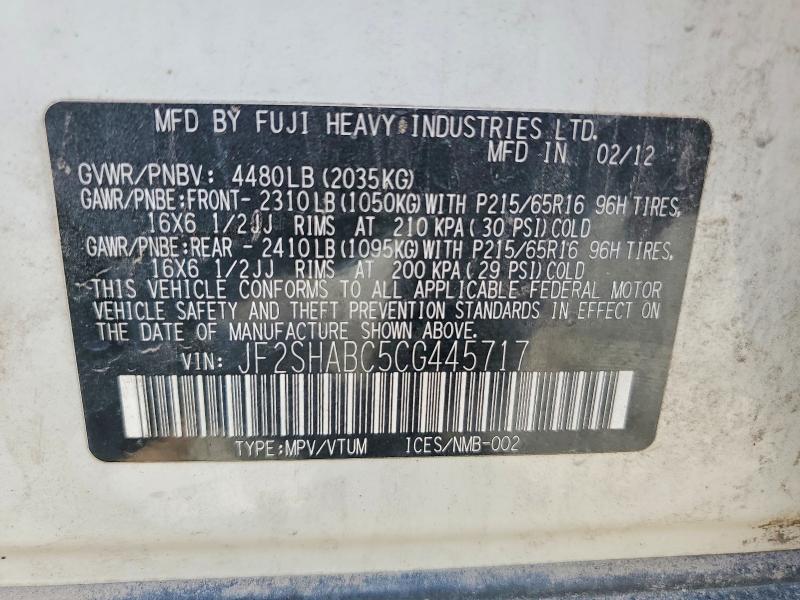 Aukcja sprzedaży 2012 Subaru Forester, vin: JF2SHABC5CG445717, numer aukcji: 67327166