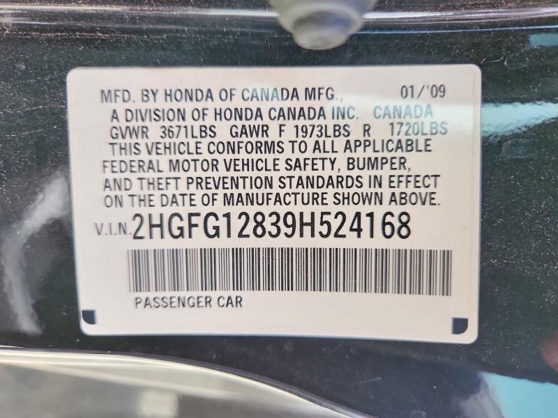 64939616 :رقم المزاد ، 2HGFG12839H524168 vin ، 2009 Honda Civic مزاد بيع