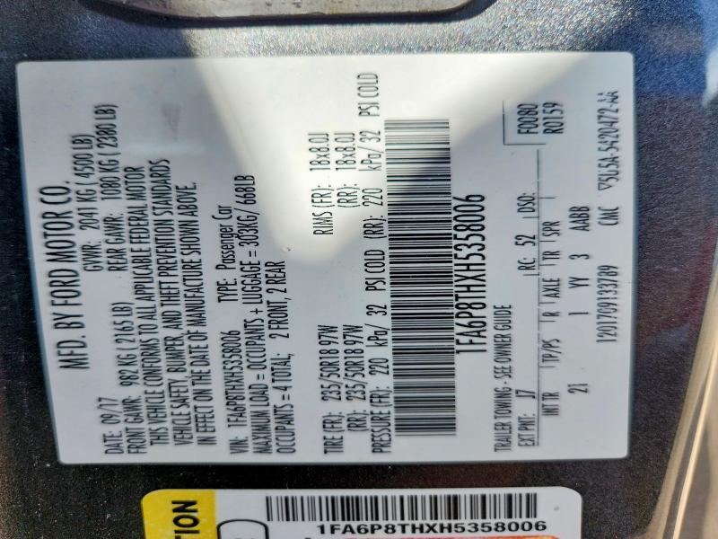 Auction sale of the 2017 Ford Mustang, vin: 1FA6P8THXH5358006, lot number: 64503216