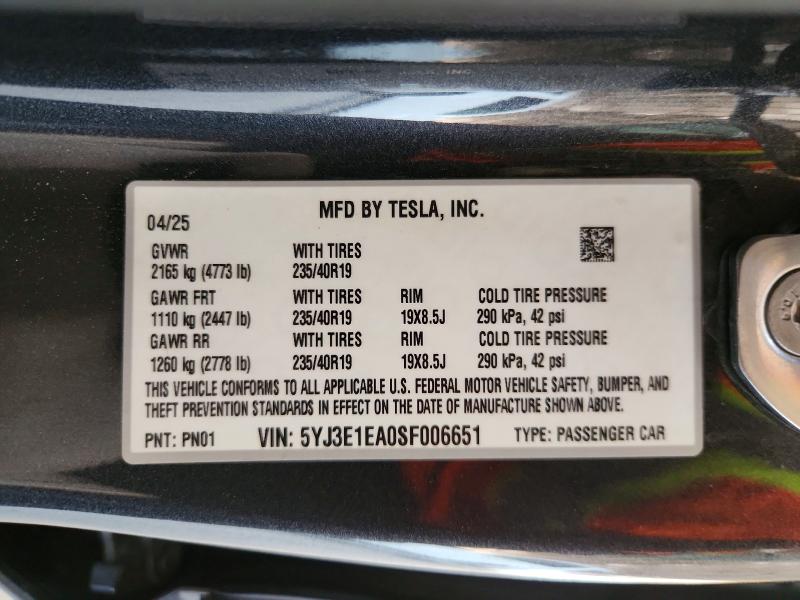 Auction sale of the 2025 Tesla Model 3, vin: 5YJ3E1EA0SF006651, lot number: 66095036
