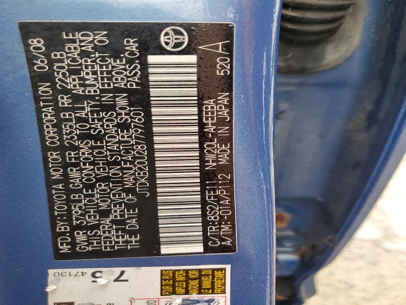 Aukcja sprzedaży 2008 Toyota Prius, vin: JTDKB20U287797601, numer aukcji: 65538776