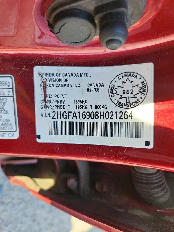 64909286 :رقم المزاد ، 2HGFA16908H021264 vin ، 2008 Honda Civic مزاد بيع