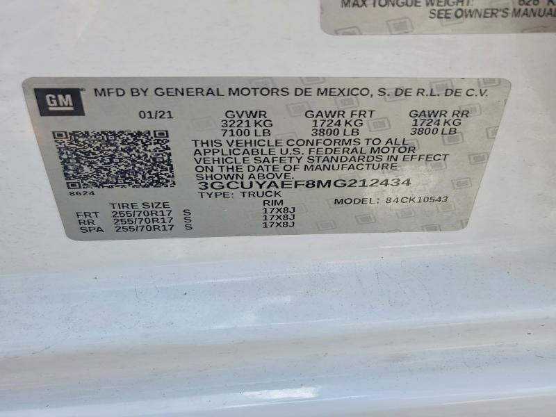 Продаж на аукціоні авто 2021 Chevrolet Silverado, vin: 3GCUYAEF8MG212434, номер лоту: 64760376
