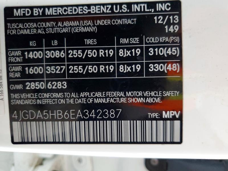 2014 Mercedes-benz Ml მანქანა იყიდება აუქციონზე, vin: 4JGDA5HB6EA342387, აუქციონის ნომერი: 65360916
