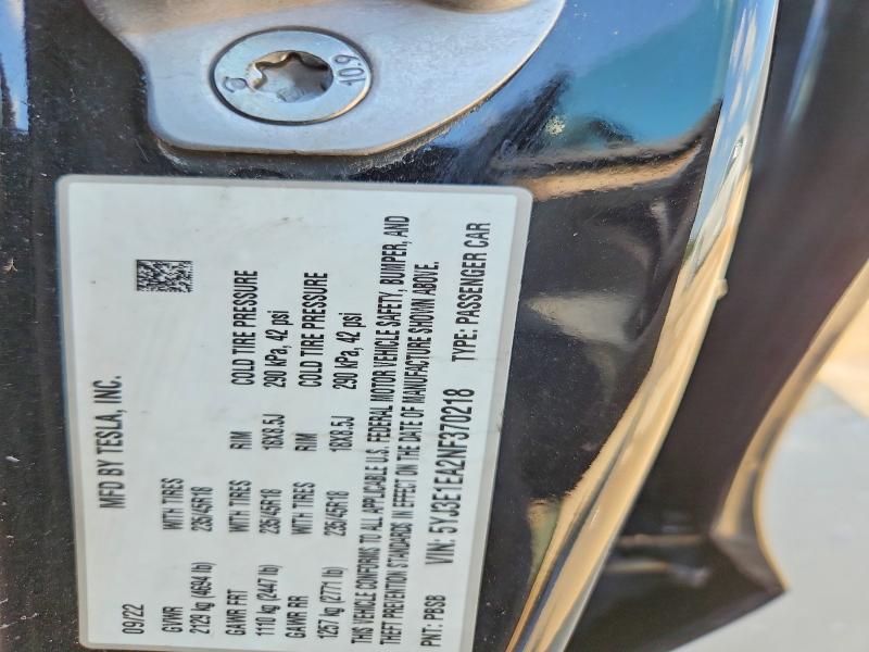 2022 Tesla Model 3 მანქანა იყიდება აუქციონზე, vin: 5YJ3E1EA2NF370218, აუქციონის ნომერი: 63561496