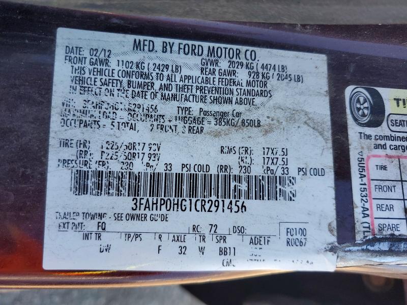 63746816 :رقم المزاد ، 3FAHP0HG1CR291456 vin ، 2012 Ford Fusion مزاد بيع