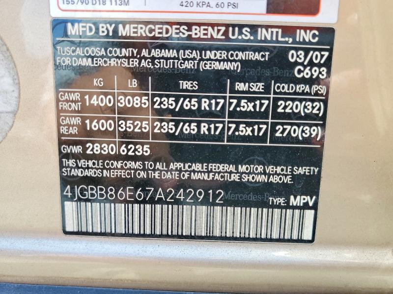 63756876 :رقم المزاد ، 4JGBB86E67A242912 vin ، 2007 Mercedes-benz Ml مزاد بيع