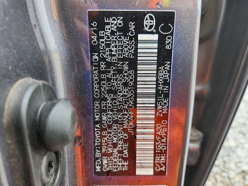 66043736 :رقم المزاد ، JTDKARFU9G3519058 vin ، 2016 Toyota Prius مزاد بيع