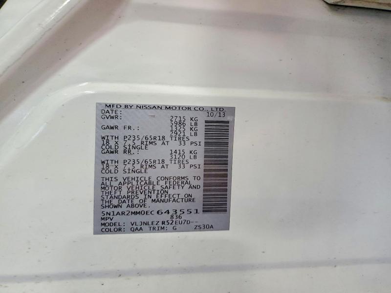 2014 Nissan Pathfinder მანქანა იყიდება აუქციონზე, vin: 5N1AR2MM0EC643551, აუქციონის ნომერი: 67145536