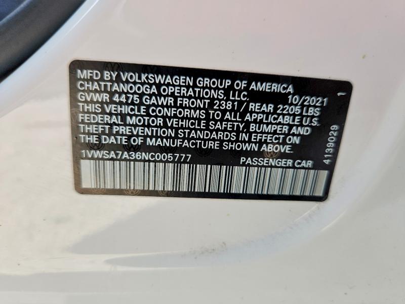 2022 Volkswagen Passat მანქანა იყიდება აუქციონზე, vin: 1VWSA7A36NC005777, აუქციონის ნომერი: 65931916
