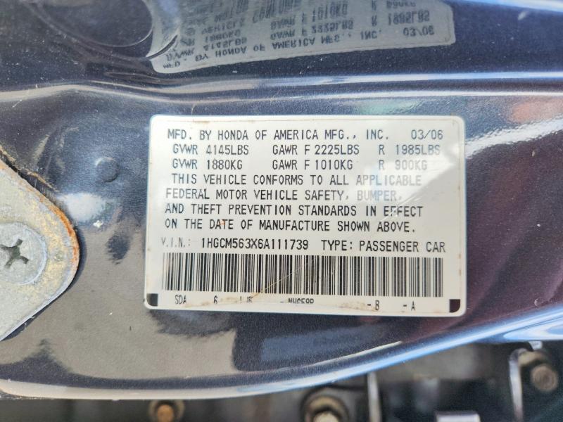 2006 Honda Accord მანქანა იყიდება აუქციონზე, vin: 1HGCM563X6A111739, აუქციონის ნომერი: 63744626