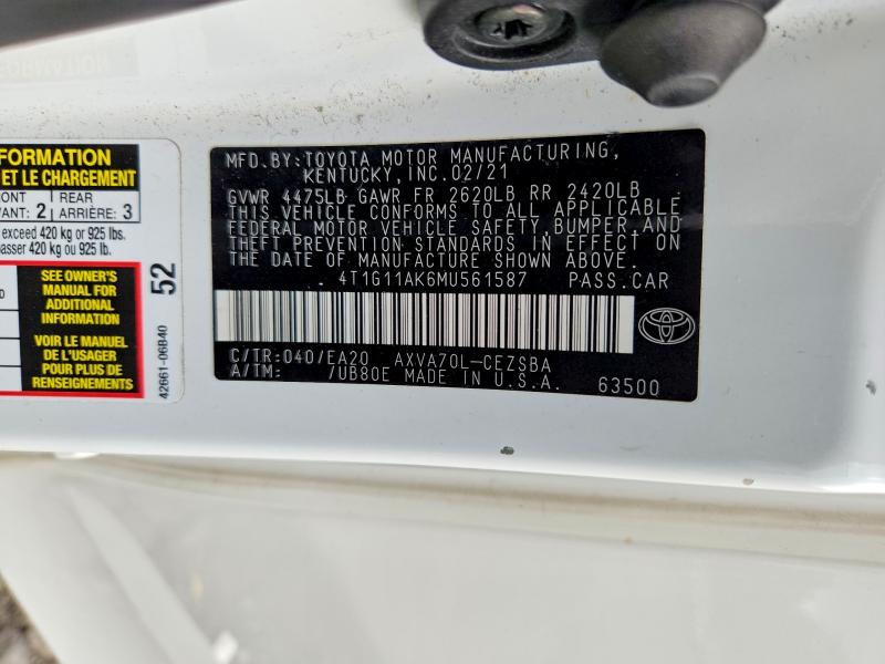 Продажа на аукционе авто 2021 Toyota Camry, vin: 4T1G11AK6MU561587, номер лота: 64232886