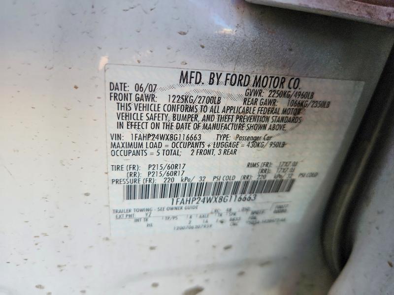 2008 Ford Taurus მანქანა იყიდება აუქციონზე, vin: 1FAHP24WX8G116663, აუქციონის ნომერი: 65553236