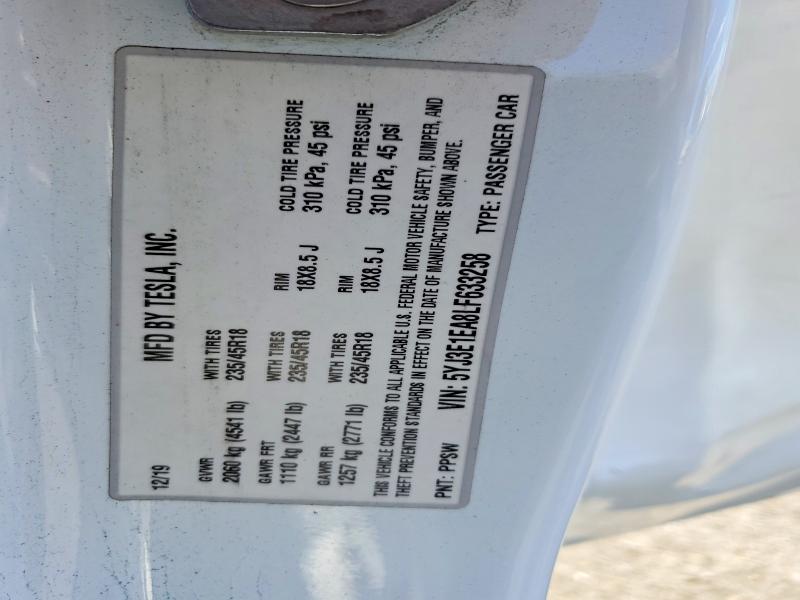 65720186 :رقم المزاد ، 5YJ3E1EA8LF633258 vin ، 2020 Tesla Model 3 مزاد بيع