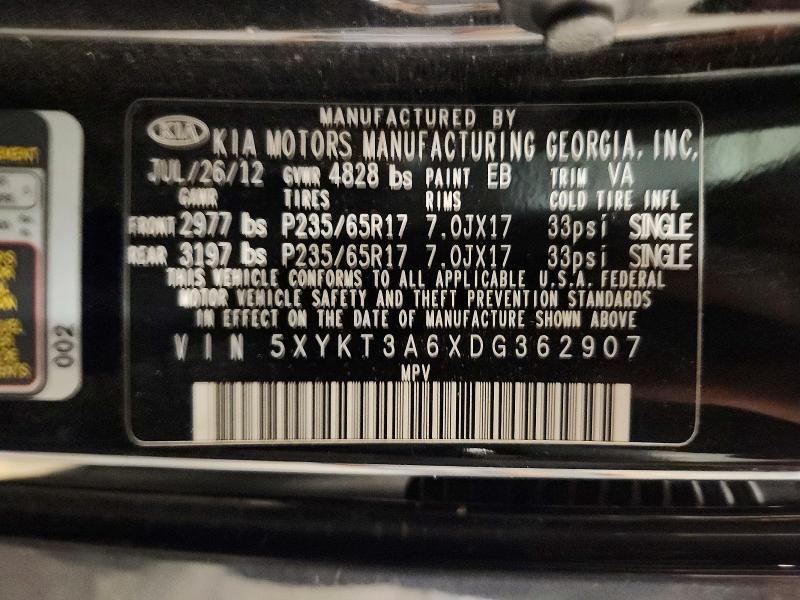 64123076 :رقم المزاد ، 5XYKT3A6XDG362907 vin ، 2013 Kia Sorento مزاد بيع