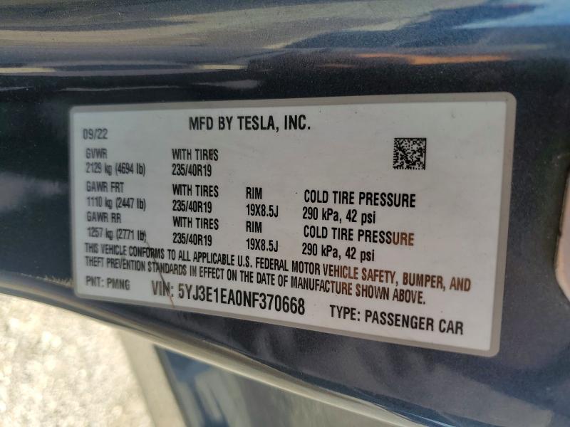 2022 Tesla Model 3 მანქანა იყიდება აუქციონზე, vin: 5YJ3E1EA0NF370668, აუქციონის ნომერი: 63860016