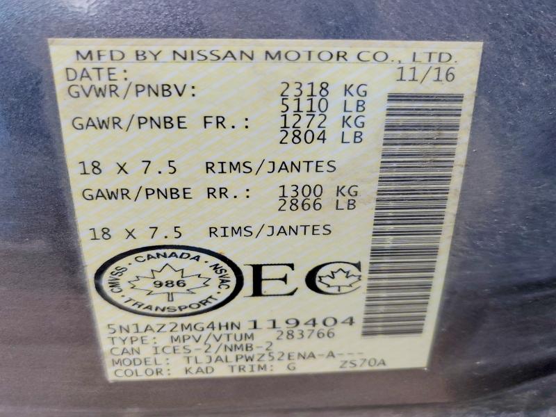 Продаж на аукціоні авто 2017 Nissan Murano, vin: 5N1AZ2MG4HN119404, номер лоту: 65824196