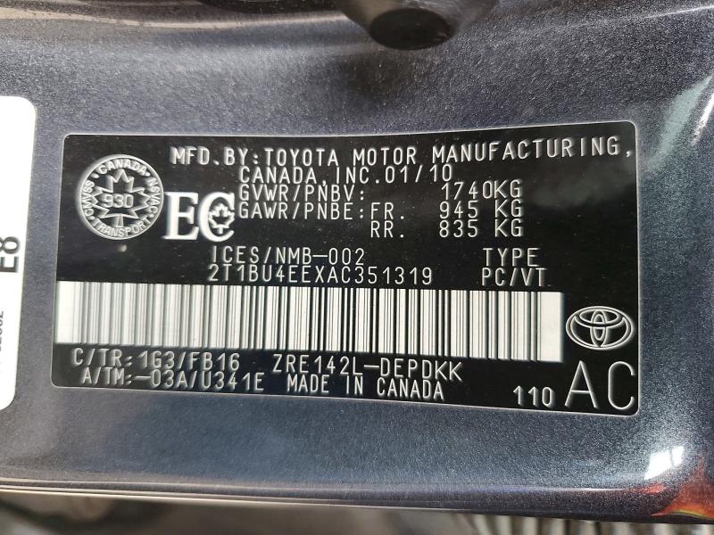 Продажа на аукционе авто 2010 Toyota Corolla, vin: 2T1BU4EEXAC351319, номер лота: 64785196