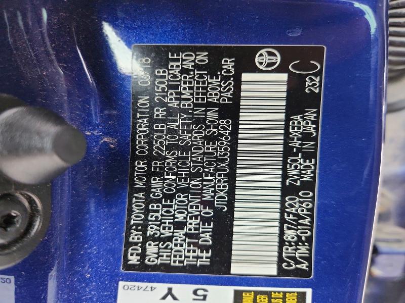 64071656 :رقم المزاد ، JTDKBRFUXJ3596428 vin ، 2018 Toyota Prius مزاد بيع