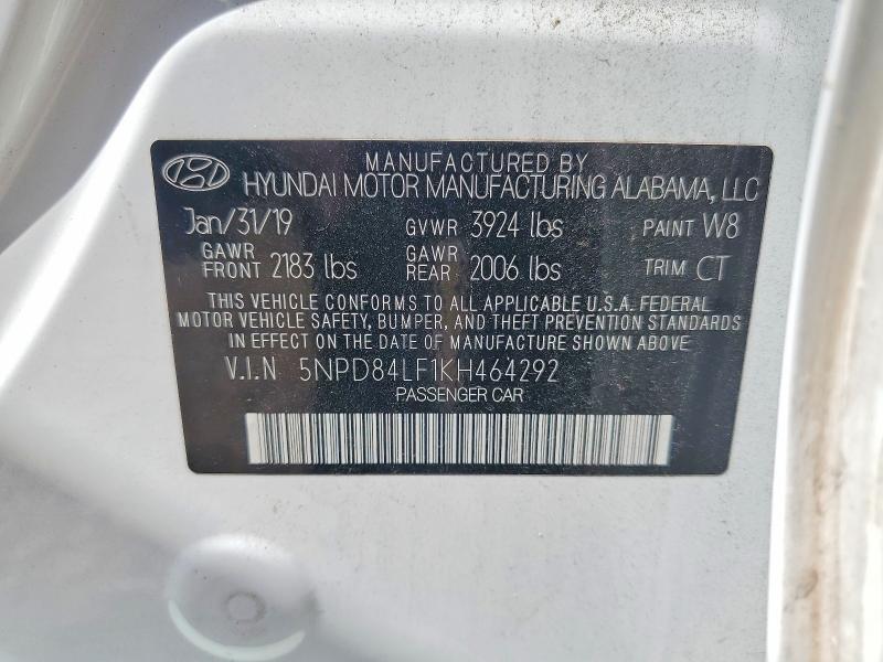 63585546 :رقم المزاد ، 5NPD84LF1KH464292 vin ، 2019 Hyundai Elantra مزاد بيع