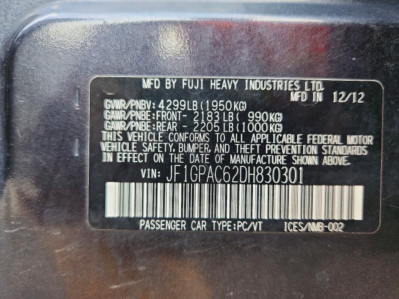 Продаж на аукціоні авто 2013 Subaru Impreza, vin: JF1GPAC62DH830301, номер лоту: 62815866