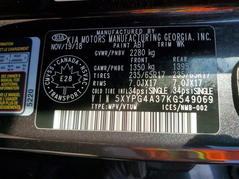 Aukcja sprzedaży 2019 Kia Sorento, vin: 5XYPG4A37KG549069, numer aukcji: 65637536