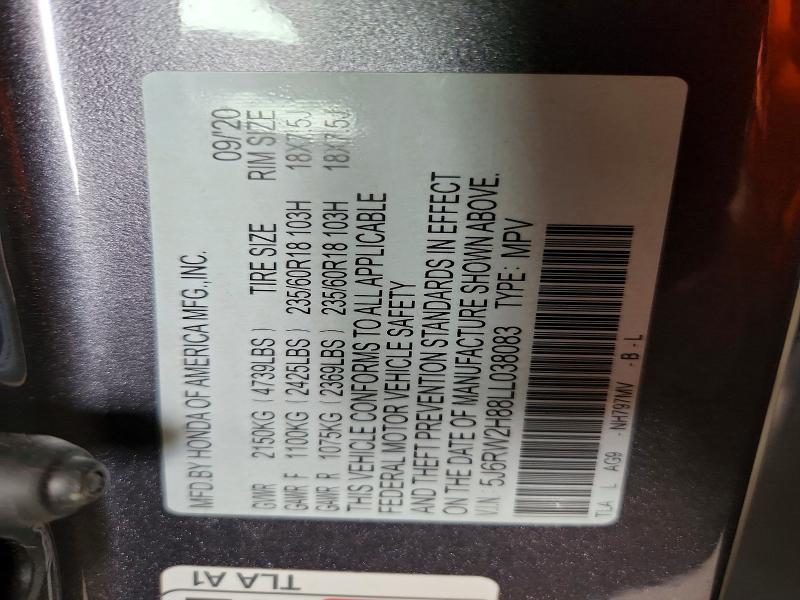 65516296 :رقم المزاد ، 5J6RW2H88LL038083 vin ، 2020 Honda Cr-v مزاد بيع