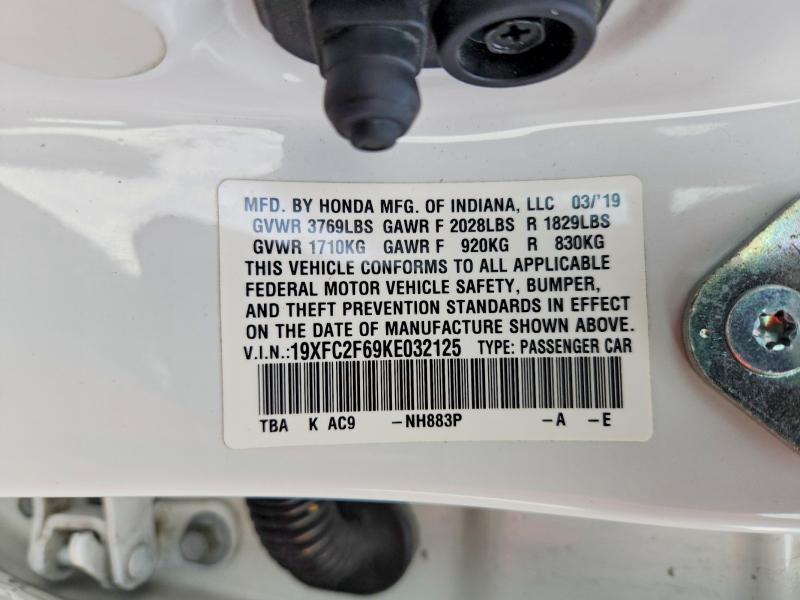 2019 Honda Civic მანქანა იყიდება აუქციონზე, vin: 19XFC2F69KE032125, აუქციონის ნომერი: 66180726