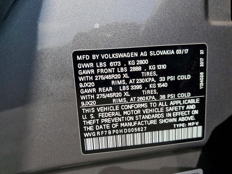 Aukcja sprzedaży 2017 Volkswagen Touareg, vin: WVGRF7BP0HD005627, numer aukcji: 64819396
