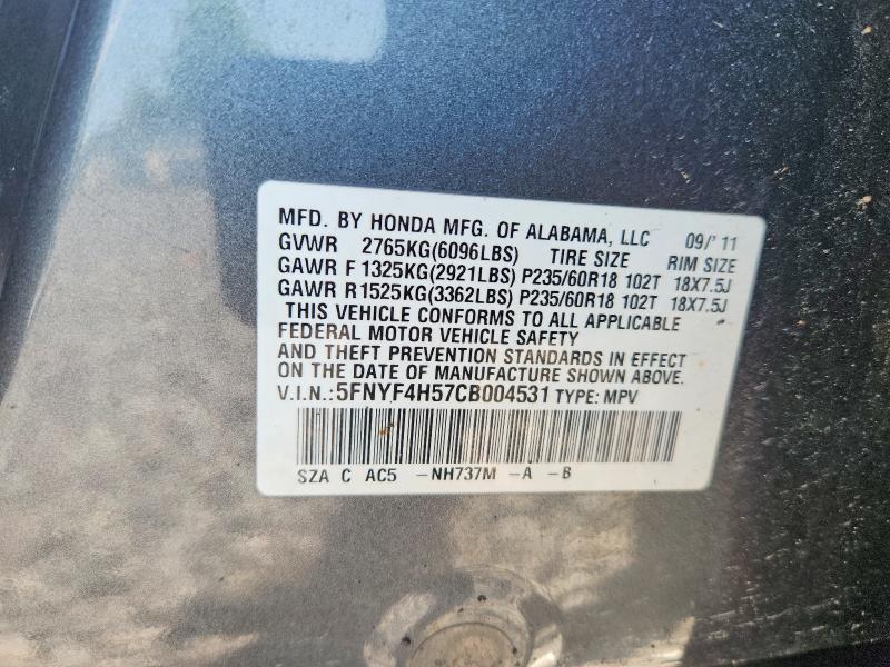 63587556 :رقم المزاد ، 5FNYF4H57CB004531 vin ، 2012 Honda Pilot مزاد بيع