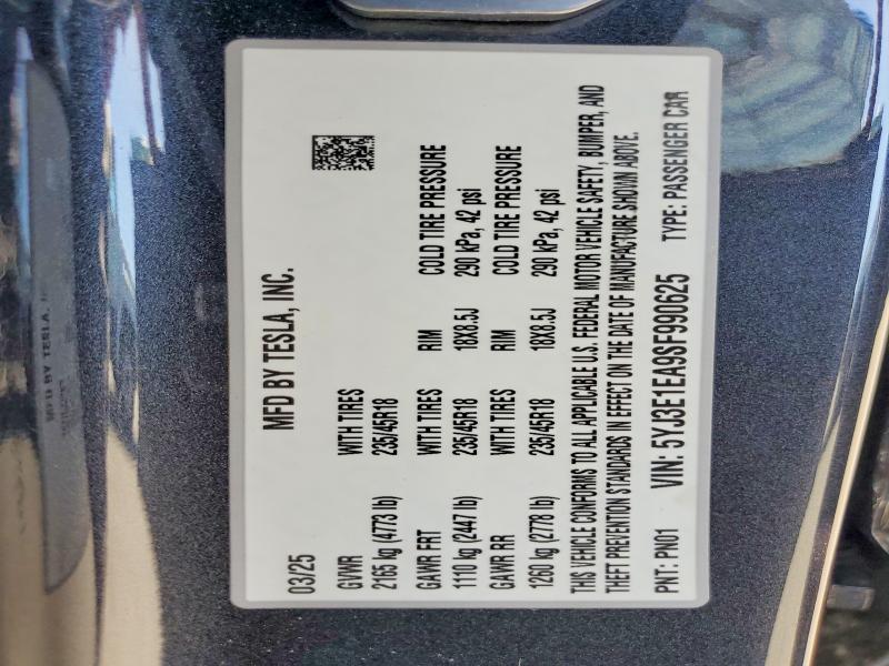 2025 Tesla Model 3 მანქანა იყიდება აუქციონზე, vin: 5YJ3E1EA9SF990625, აუქციონის ნომერი: 63778406