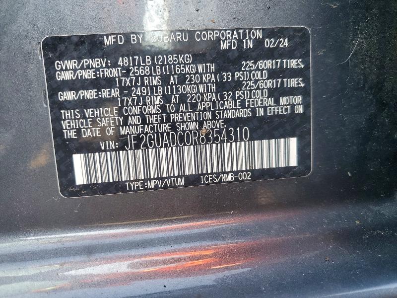 Aukcja sprzedaży 2024 Subaru Crosstrek, vin: JF2GUADC0R8354310, numer aukcji: 64117216