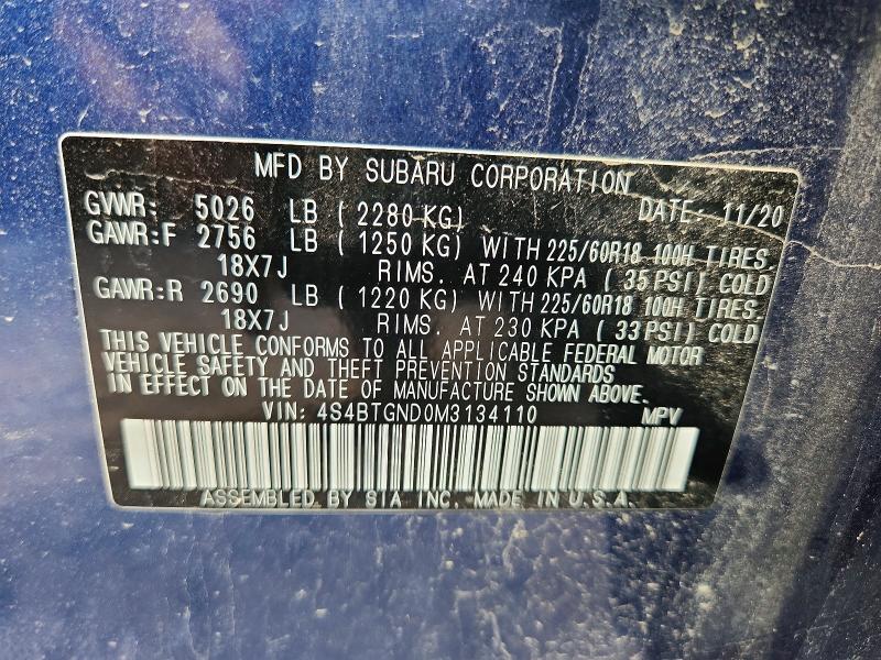 2021 Subaru Outback მანქანა იყიდება აუქციონზე, vin: 4S4BTGND0M3134110, აუქციონის ნომერი: 65166106