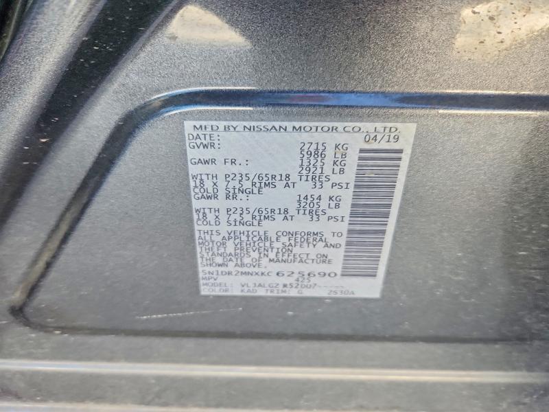 63588016 :رقم المزاد ، 5N1DR2MNXKC625690 vin ، 2019 Nissan Pathfinder مزاد بيع